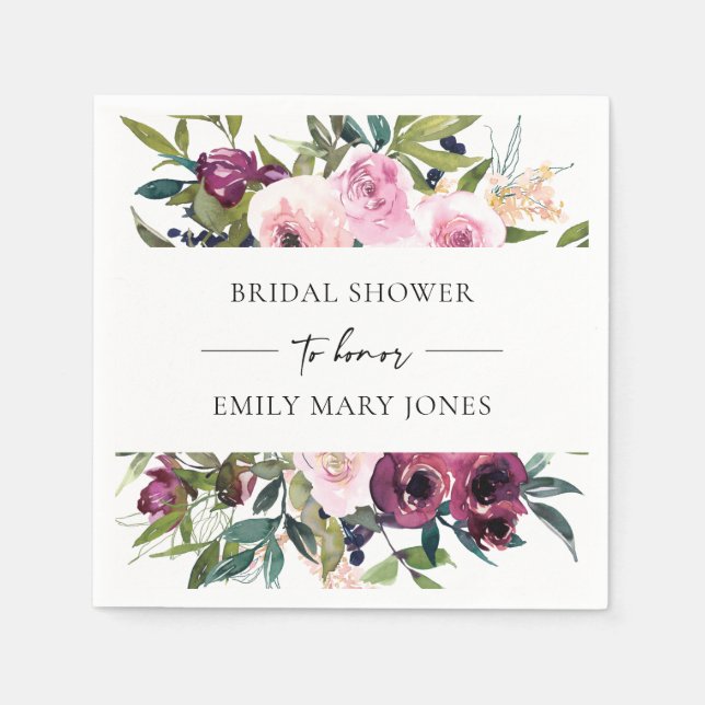 SERVIETTE EN PAPIER ROSE ÉCLATANT BOURGOGNE FLORAL BOUQUET MARIAGE (Devant)