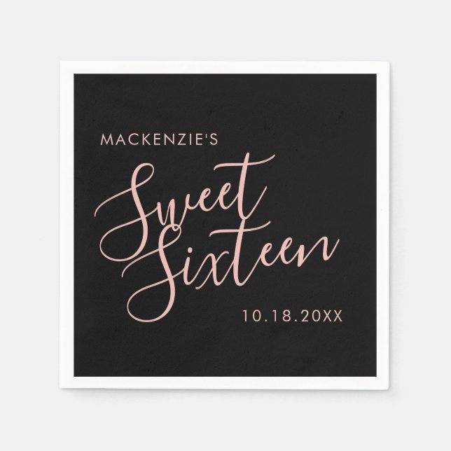 Serviette En Papier Rose et noir Elegant Sweet 16 Nom personnalisé (Devant)