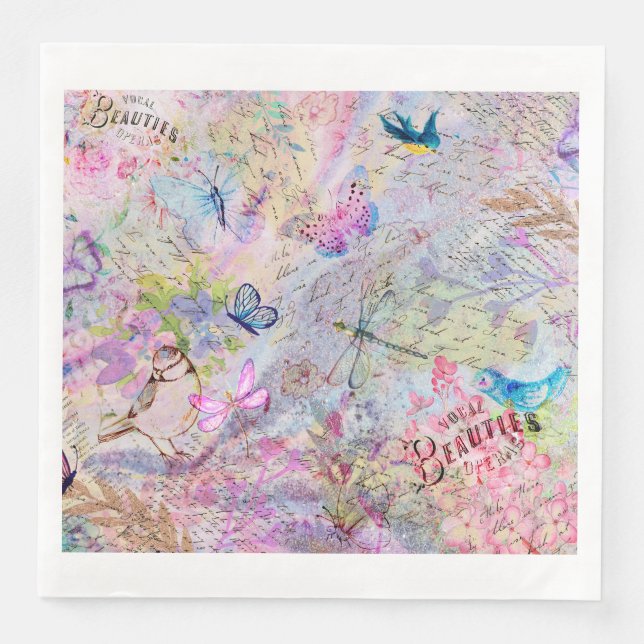 Serviette En Papier Rose Floral Gold Decoupage Oiseaux Butterfly Scrip (Devant)