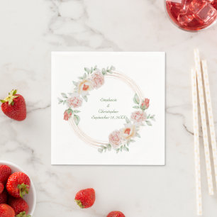 Serviette En Papier Rose Floral Or Rose Pêche Cadre Doré Mariage