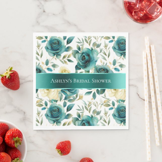 Serviette En Papier Rose florale verte sarcelle romantique crème (En situation)
