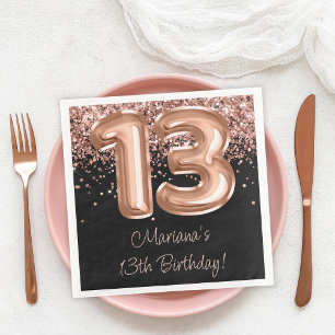 Serviette En Papier Rose Gold Black 13e fête d'anniversaire