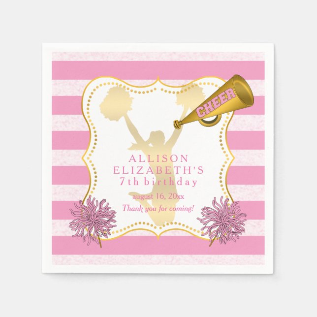 Serviette En Papier Rose | Gold Cheer Pom-pom girl Fille fête d'annive (Devant)