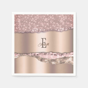 Serviette En Papier Rose Gold Diamants Pailletés Monogramme Tendance