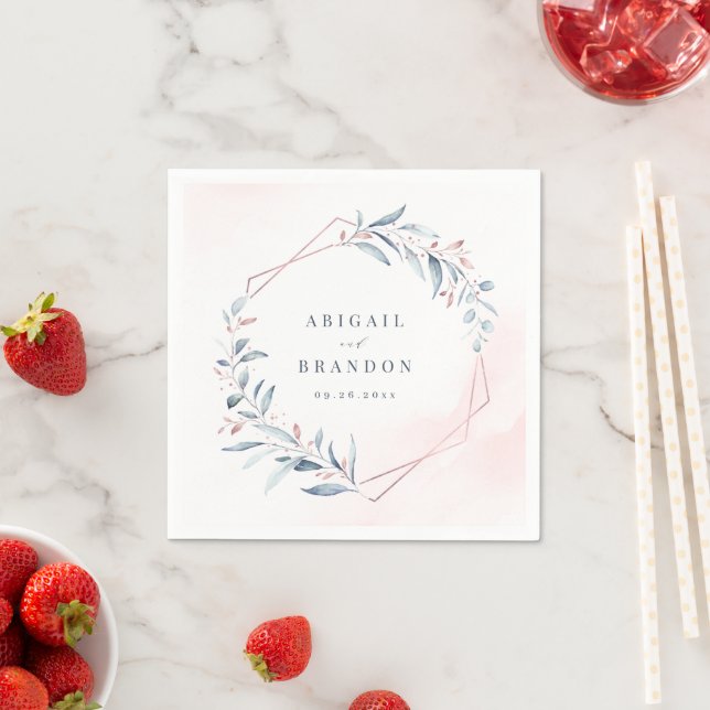 Serviette En Papier Rose Gold Dusty Blue Greenery Mariage géométrique (En situation)