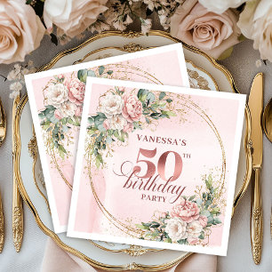 Serviette En Papier Rose Gold Floral Rose Poussiéreuse Dîner 50e Anniv