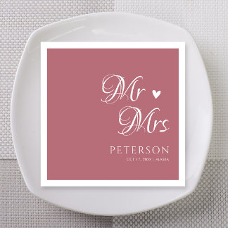 Serviette En Papier Rose Gold Mr & Mrs Cœur Mariage Personnalisé