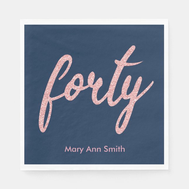 Serviette En Papier Rose Gold Navy 40 Anniversaire Parties scintillant (Devant)