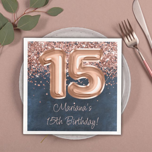 Serviette En Papier Rose Gold Navy Blue 15e fête d'anniversaire (Créateur téléchargé)