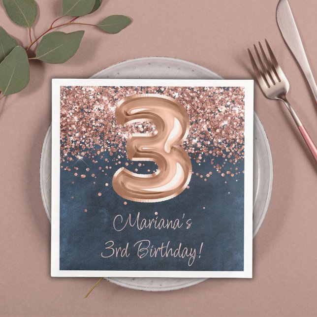 Serviette En Papier Rose Gold Navy Blue 3e fête d'anniversaire (Créateur téléchargé)