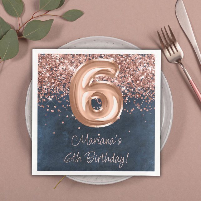 Serviette En Papier Rose Gold Navy Blue 6e fête d'anniversaire (Créateur téléchargé)