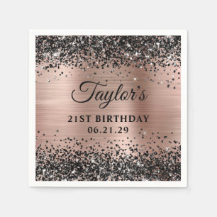 Serviette En Papier Rose Gold Pailleté Noir Anniversaire 21 Ans