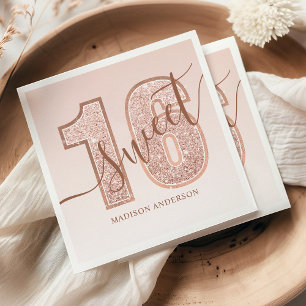 Serviette En Papier Rose Gold Pailleté Script Anniversaire 16 Ans