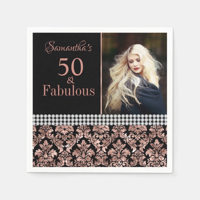 Serviette En Papier Rose Gold Parties scintillant Black Damask photo 5 (Devant)