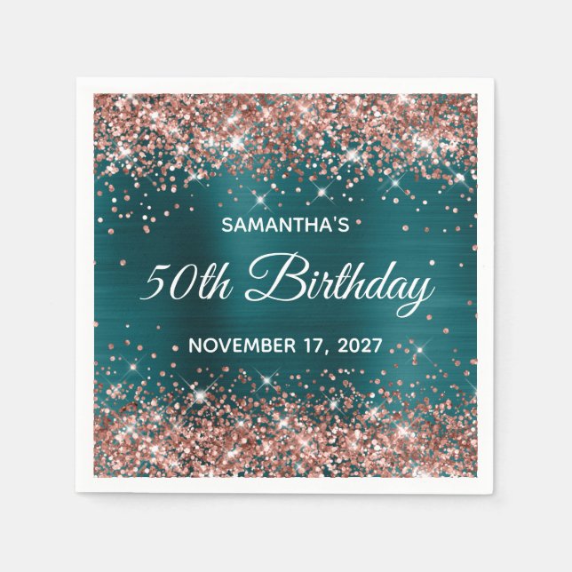Serviette En Papier Rose Gold Parties scintillant Turquoise Bleu 50e a (Devant)