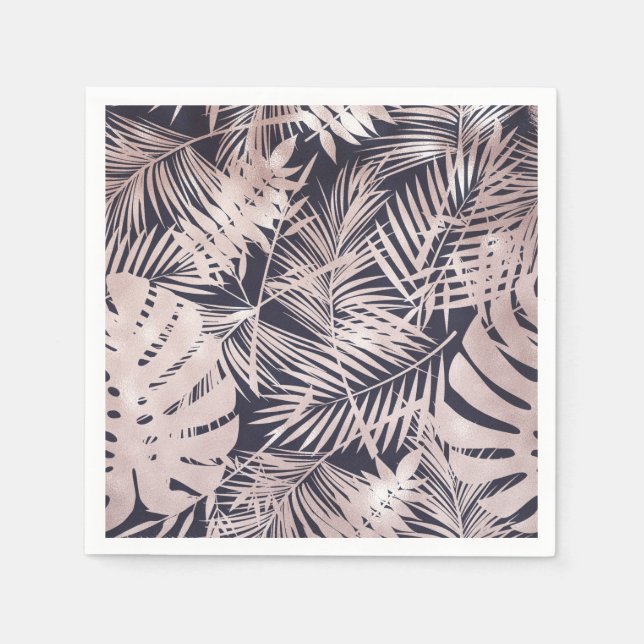 Serviette En Papier Rose Gold Pink Dark Tropical Palm Tree Leaves (Devant)