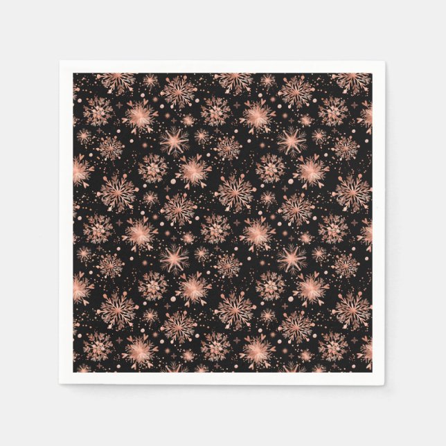 Serviette En Papier Rose Gold Snowflakes sur Black (Devant)