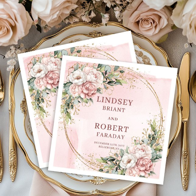 Serviette En Papier Rose Gold Wedding Floral Greenery Gold Glitter  (Rose Gold Wedding Floral Greenery Gold Glitter Napkins)