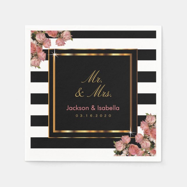 Serviette En Papier Rose Mariage or noir et blanc (Devant)