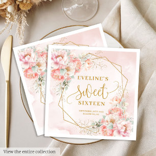 Serviette En Papier Rose Moderne Sauge Dorée Florale Sweet Sixteen