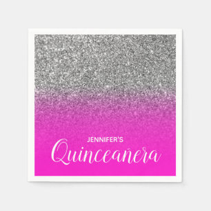 Serviette En Papier Rose Néon et Paillettes Argent Ombre Quinceanera