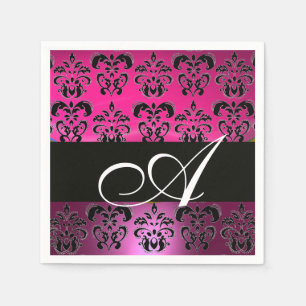 SERVIETTE EN PAPIER ROSE, NOIR FUCHSIA, DOMMASQUE POURPULAIRE MONOGRAM