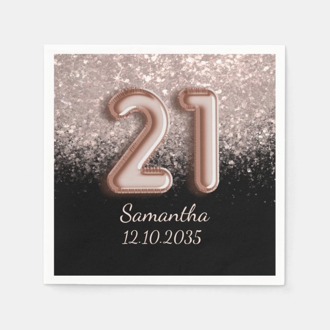 Serviette En Papier Rose noir moderne Parties scintillant or 21 annive (Devant)