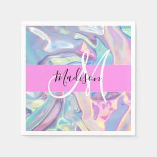 Serviette En Papier Rose Nom Monogramme Holographique Iridescent