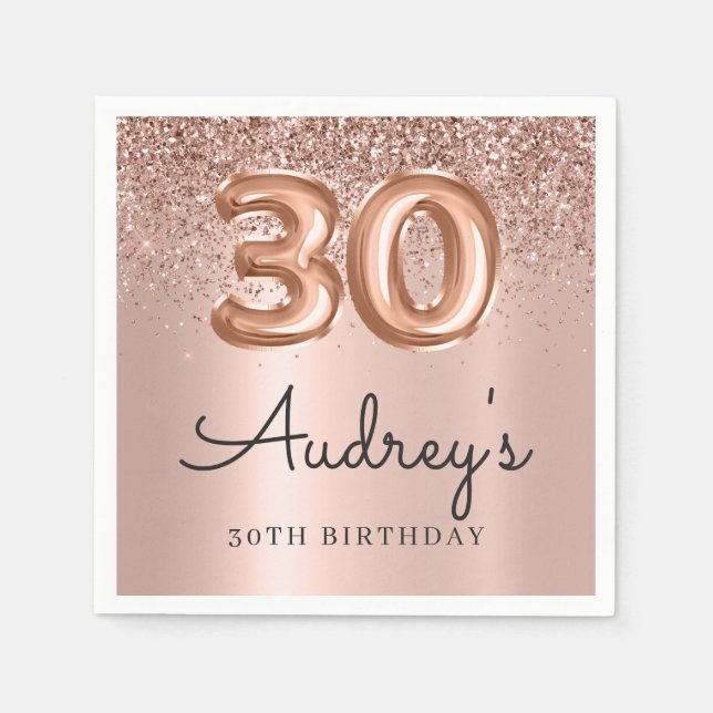 Serviette En Papier Rose or Parties scintillant ballon 30e anniversair (Devant)