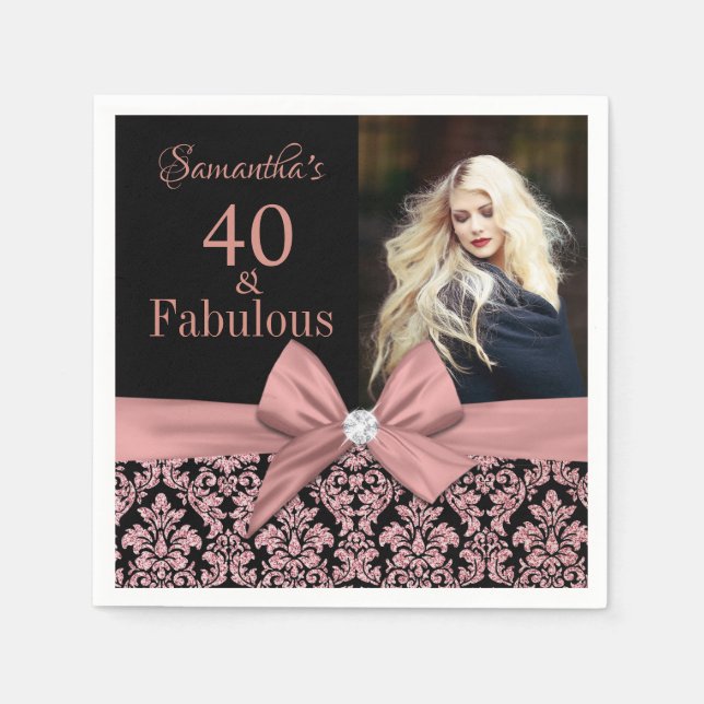 Serviette En Papier Rose or parties scintillant damask 40th Birthday p (Devant)