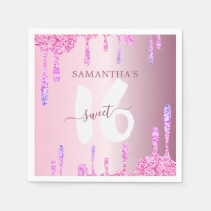 Serviette En Papier Rose Pailleté Girly Drips Sweet 16 