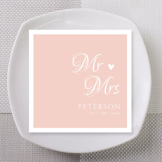 Serviette En Papier Rose Pâle Mr & Mrs Cœur Mariage Personnalisé