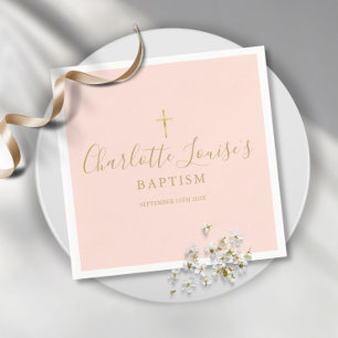 Serviette En Papier Rose Pâle Or Signature Baptême Christening Serviet
