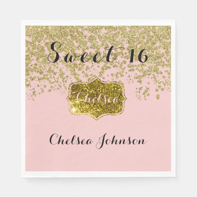 Serviette En Papier Rose Quartz Parties scintillant Gold Sweet 16 (Devant)