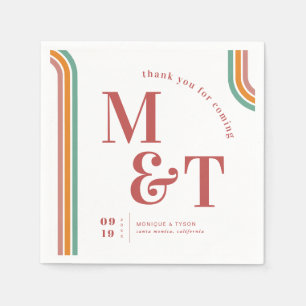 Serviette En Papier Rose Retro Seventies Stripes Monogramme Mariag