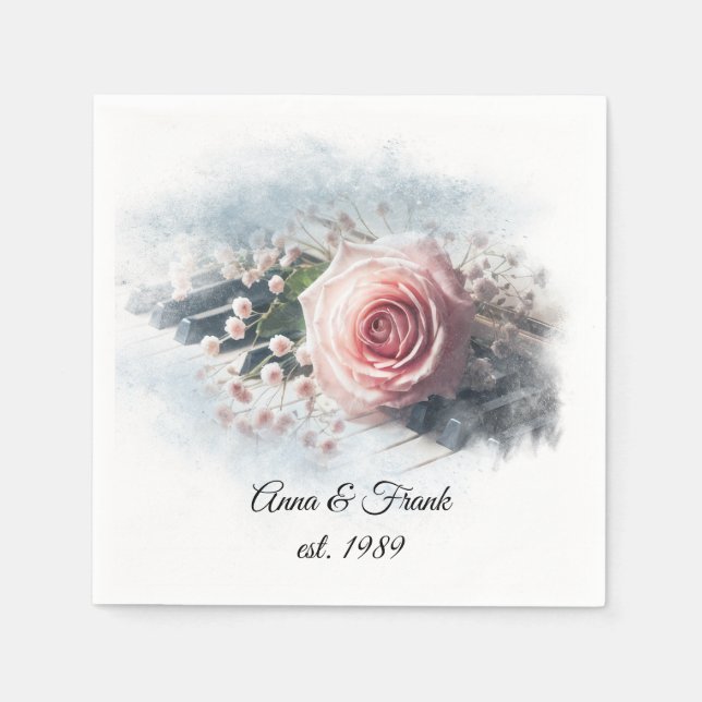 Serviette En Papier Rose rose Anniversaire Sur Touches De Piano (Devant)