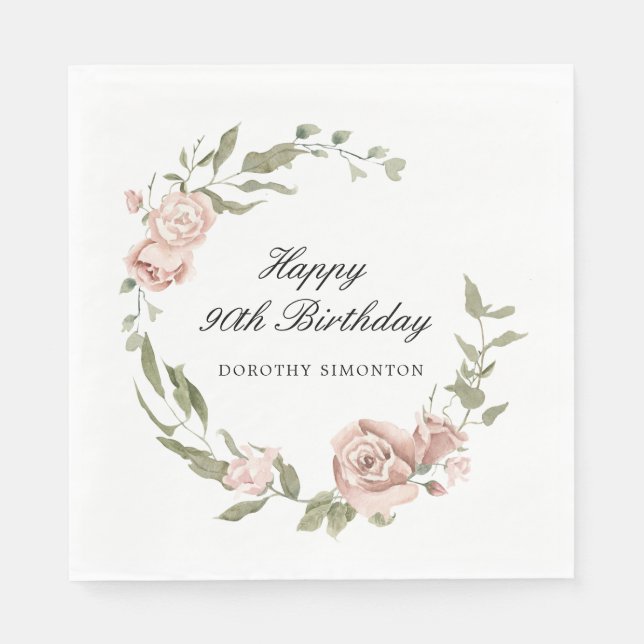 Serviette En Papier Rose rose Dusty Floral 90e anniversaire (Devant)