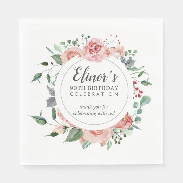 Serviette En Papier Rose rose Floral 90e anniversaire Merci (Devant)