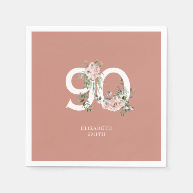 Serviette En Papier Rose rose saumon élégante 90e anniversaire (Devant)
