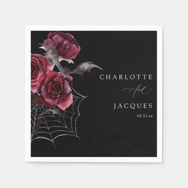 Serviette En Papier Rose rouge et chauves-souris Mariage d'Halloween - (Devant)