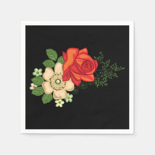 Serviette En Papier Rose rouge et pâquerettes Fond noir