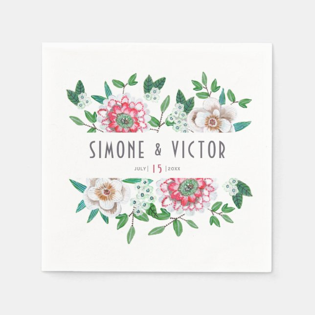 Serviette En Papier Rose vert Boho | serviettes à fleurs (Devant)