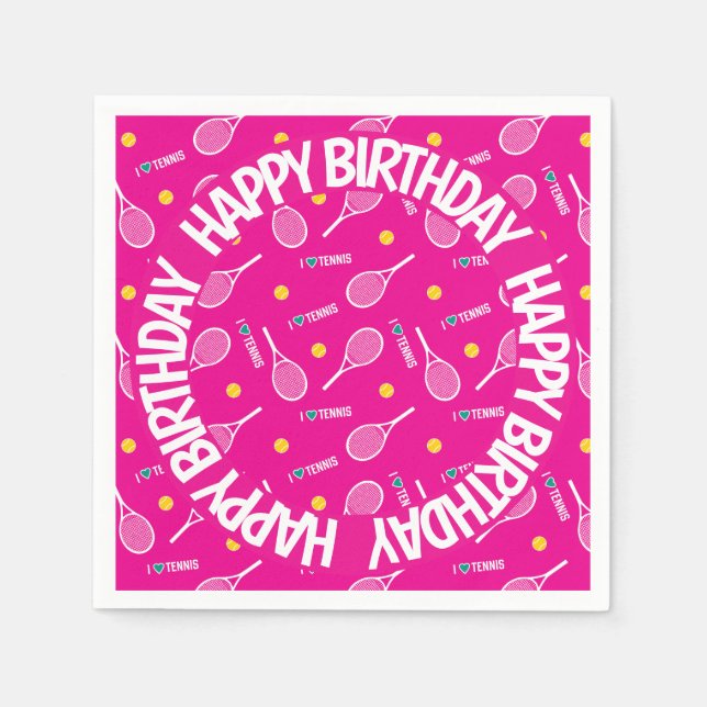 Serviette En Papier Rose vif J'aime le tennis, Joyeux anniversaire (Devant)