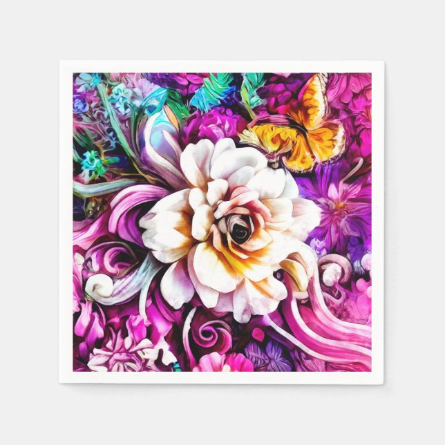 Serviette En Papier Rose violet bleu Turquoise blanc Jardin Fleurs Ima (Devant)