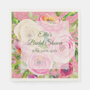 Serviette En Papier Roses aquarelles en rose et crème avec paillettes