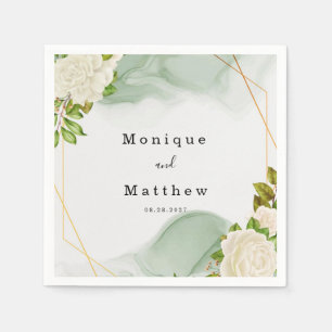 Serviette En Papier Roses blanches Aquarelle verte Mariage géométrique