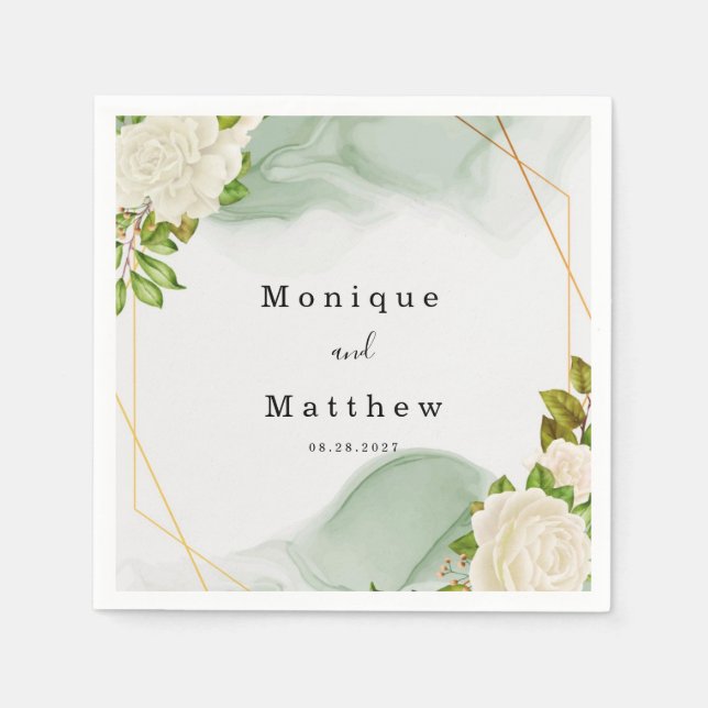 Serviette En Papier Roses blanches Aquarelle verte Mariage géométrique (Devant)