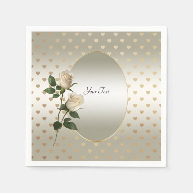 Serviette En Papier Roses blanches Coeurs d'or serviettes (Devant)