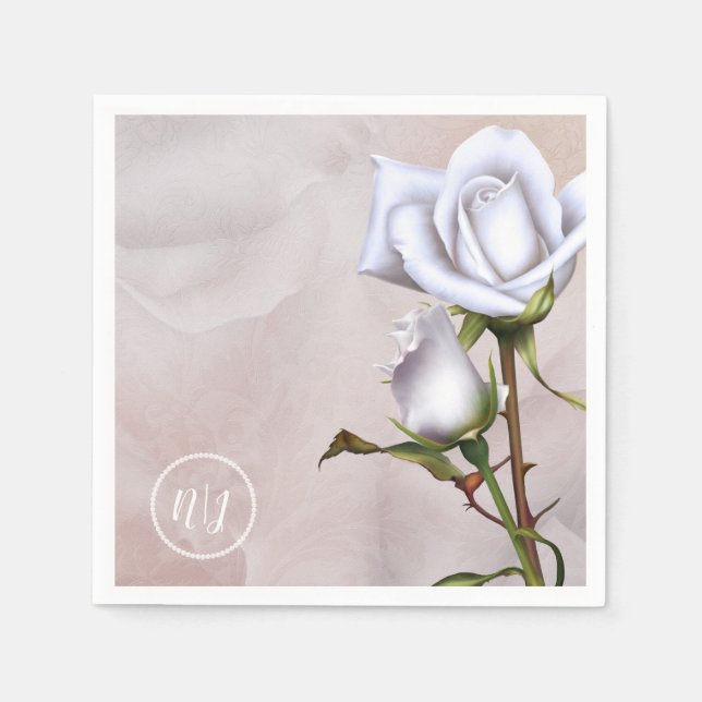 Serviette En Papier Roses Blanches Douces Romantiques Élégant Mariage  (Devant)