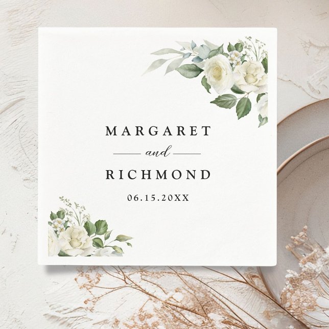 Serviette En Papier Roses blanches Élégant Mariage floral (Créateur téléchargé)